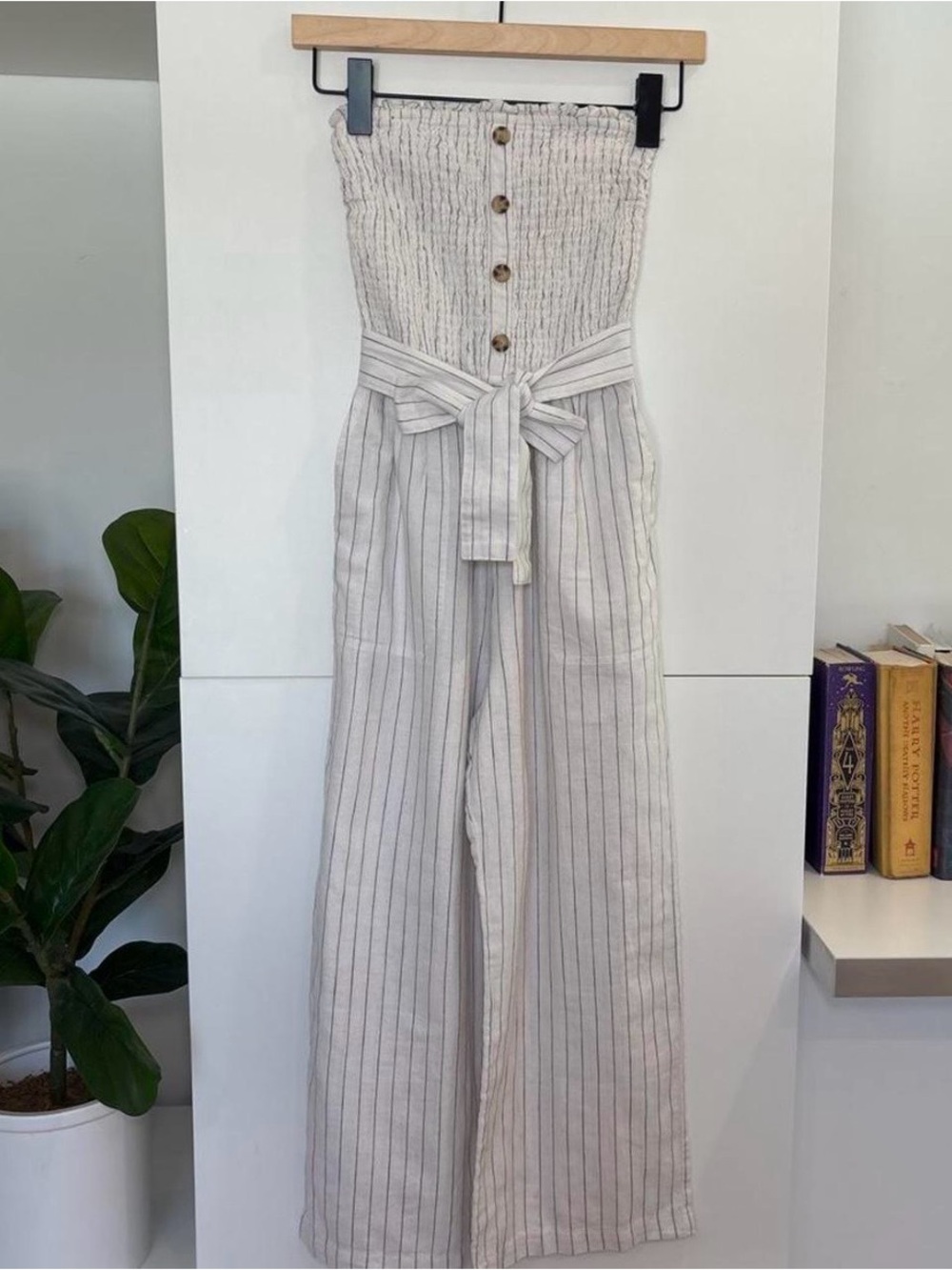 Abercrombie & Fitch Striped Linen Strapless Jumpsuit